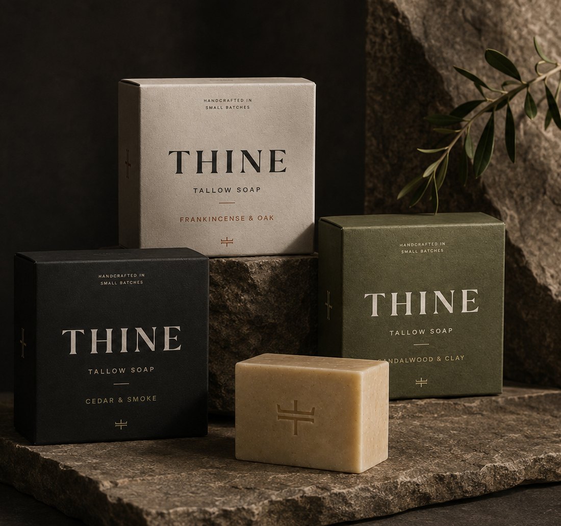 Three THINE tallow soap boxes and an unwrapped bar arranged on dark stone.