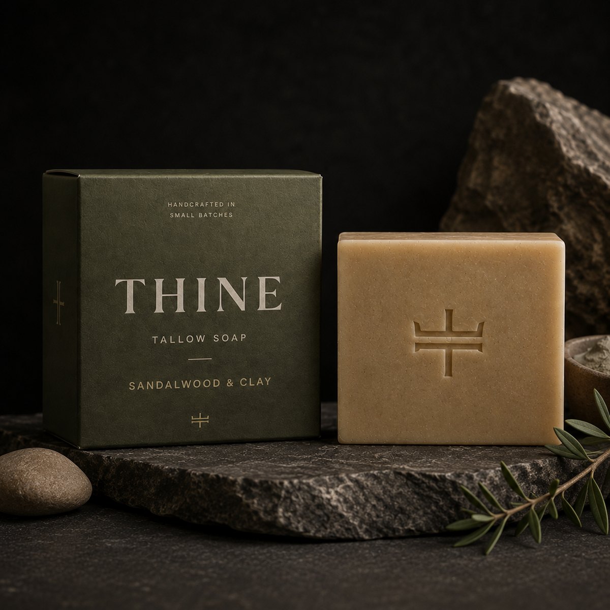 THINE Sandalwood & Clay olive soap box beside an unwrapped tallow bar.