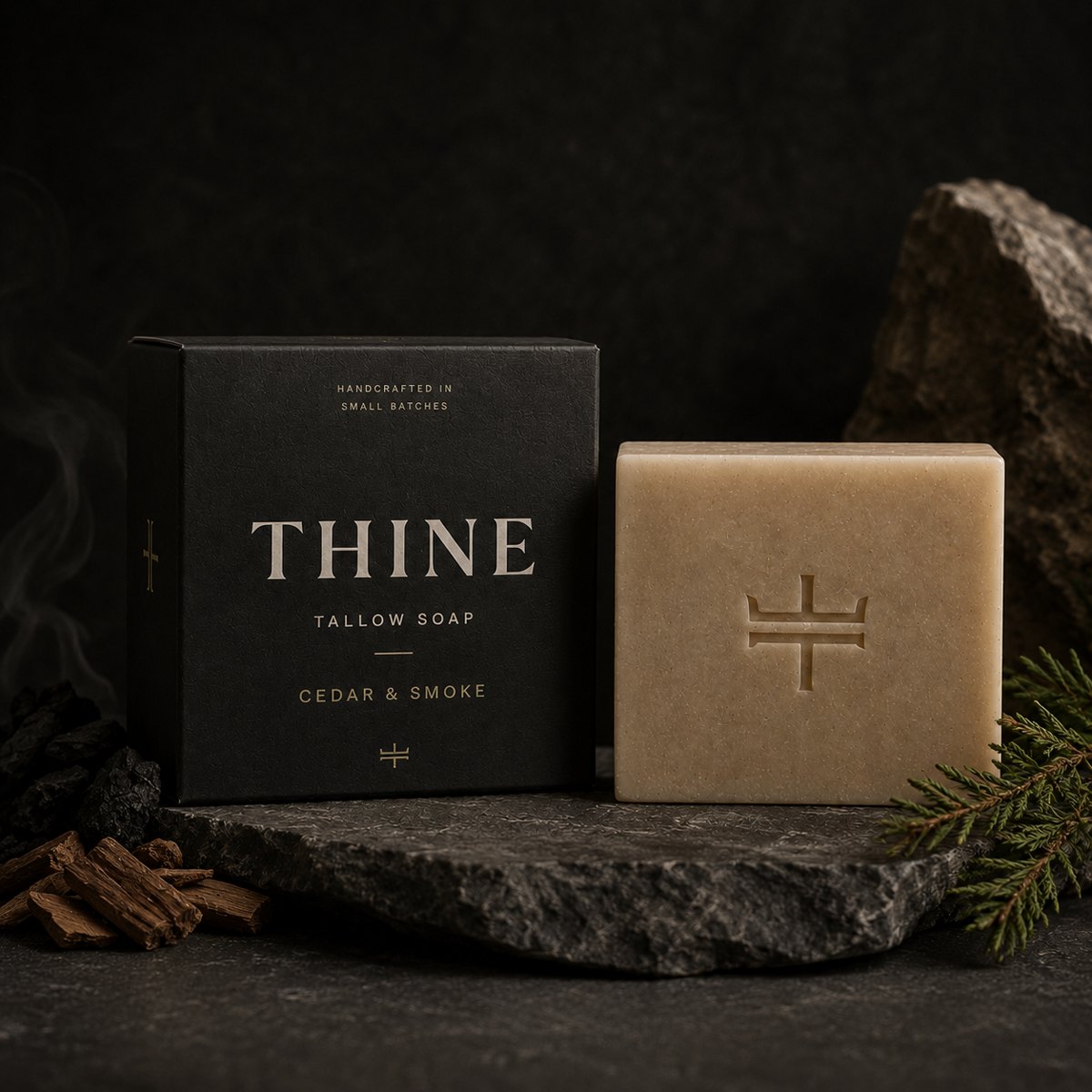 THINE Cedar & Smoke black soap box beside an unwrapped tallow bar.